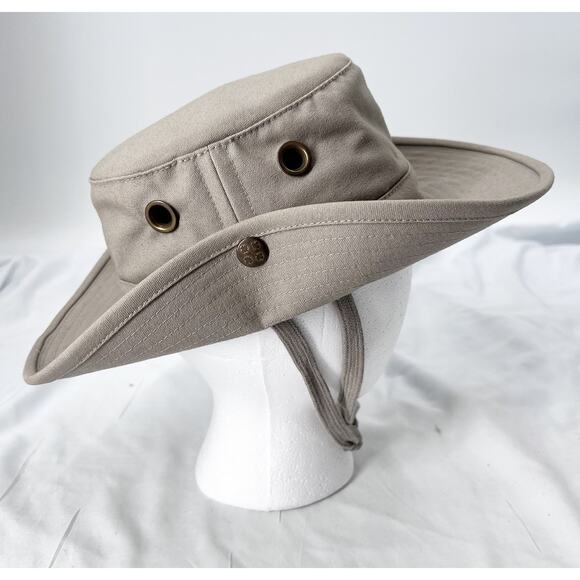 Tilley Hat Beige Canvas Outdoor Snap Brim Boonie Hat Chin Strap Womens 6 3/4